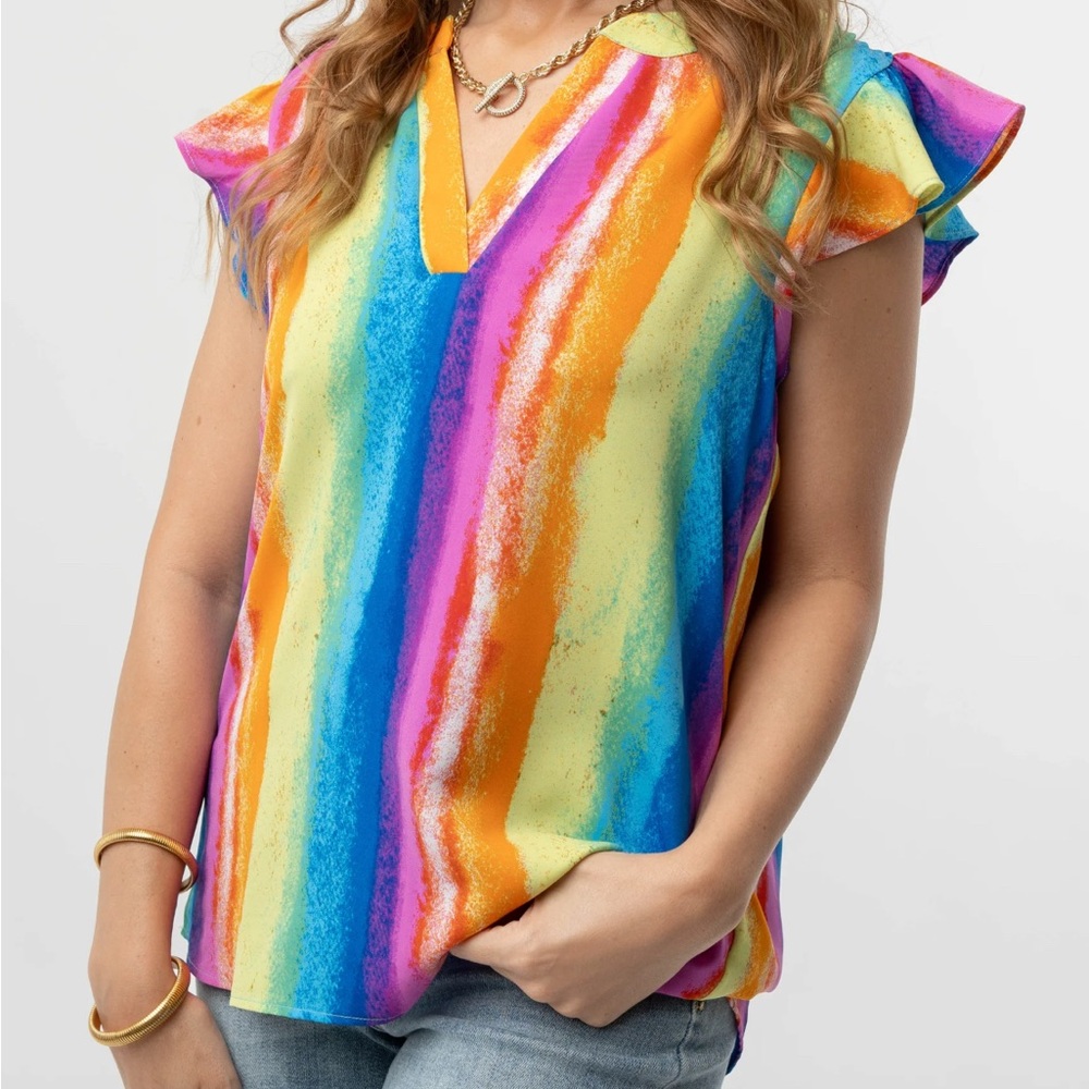 Multi-colored Flutter Sleeve Blouse with Peter Pan Collar-Medium - Picture 4 of 7